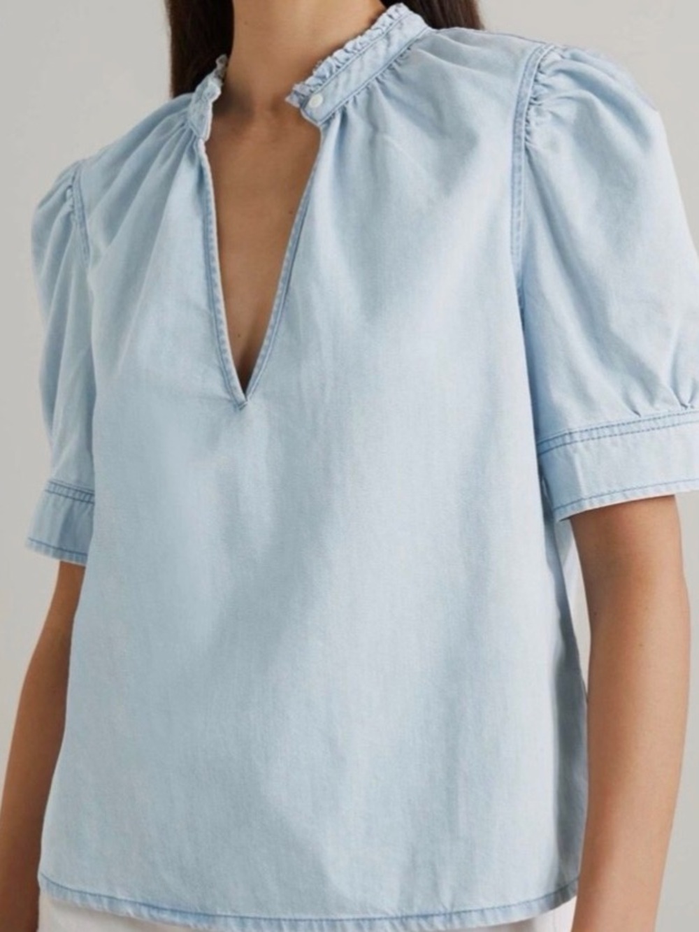 Frame Denim Light Blue chambray denim Ruffled Collar Puff Sleeve Top